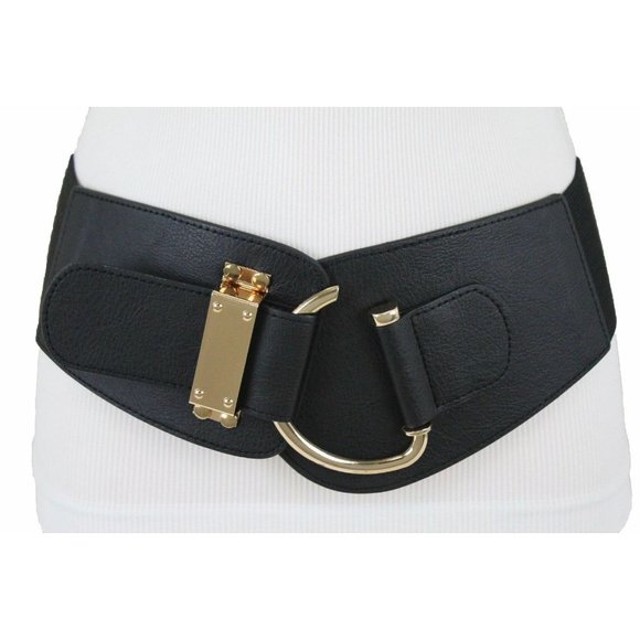 Women Gold Metal Hook Buckle Black Belt Wide Elastic Fabric Hip Waist Size L XL - Picture 7 of 13